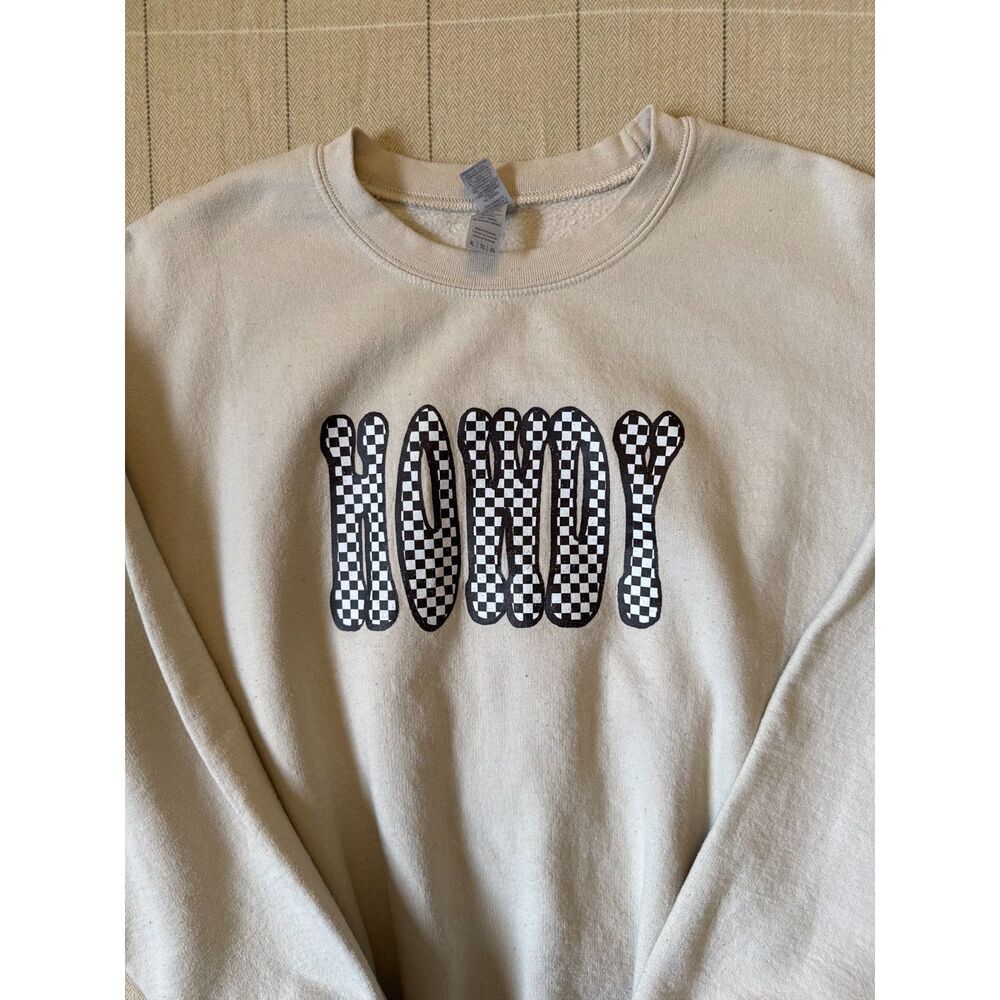 Gildan HOWDY Checkered Graphic Crewneck Sweatshirt Tan Cream Women's XL Western